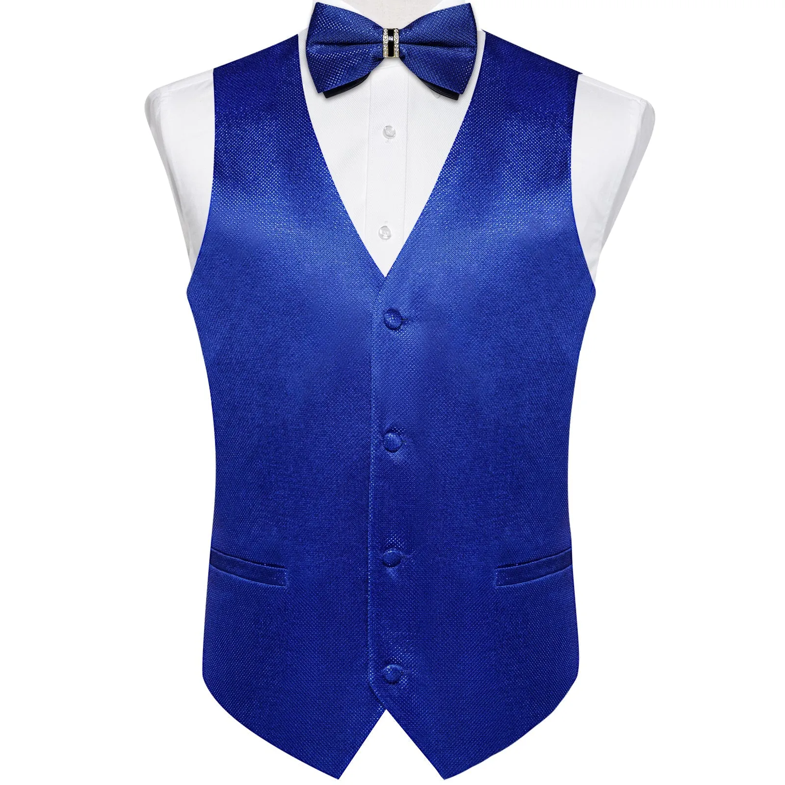 Dark Blue Solid Shiny Men's Vest Bowtie Hanky Cufflinks Set Waistcoat Suit Set