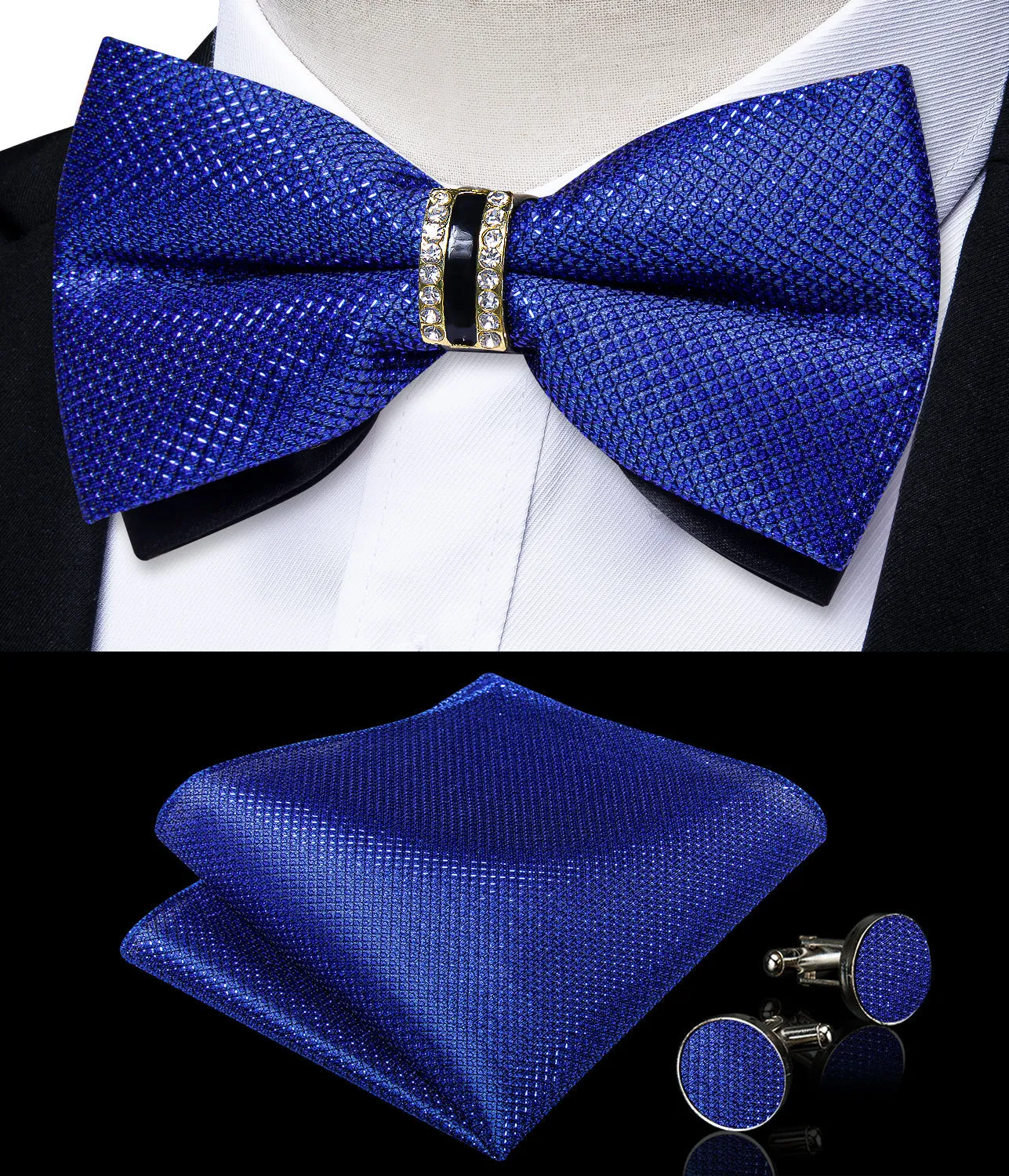 Dark Blue Solid Shiny Men's Vest Bowtie Hanky Cufflinks Set Waistcoat Suit Set