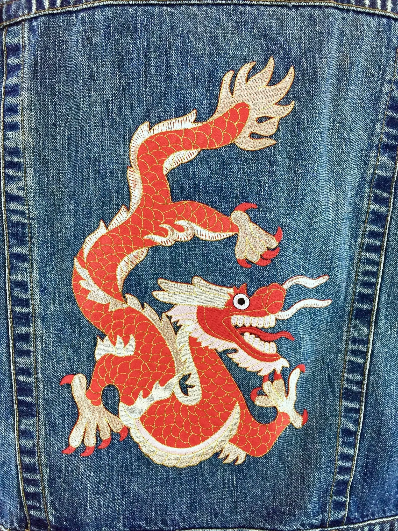 Denim Jean Jacket with Red Asian DRAGON Embroidery Appliqué