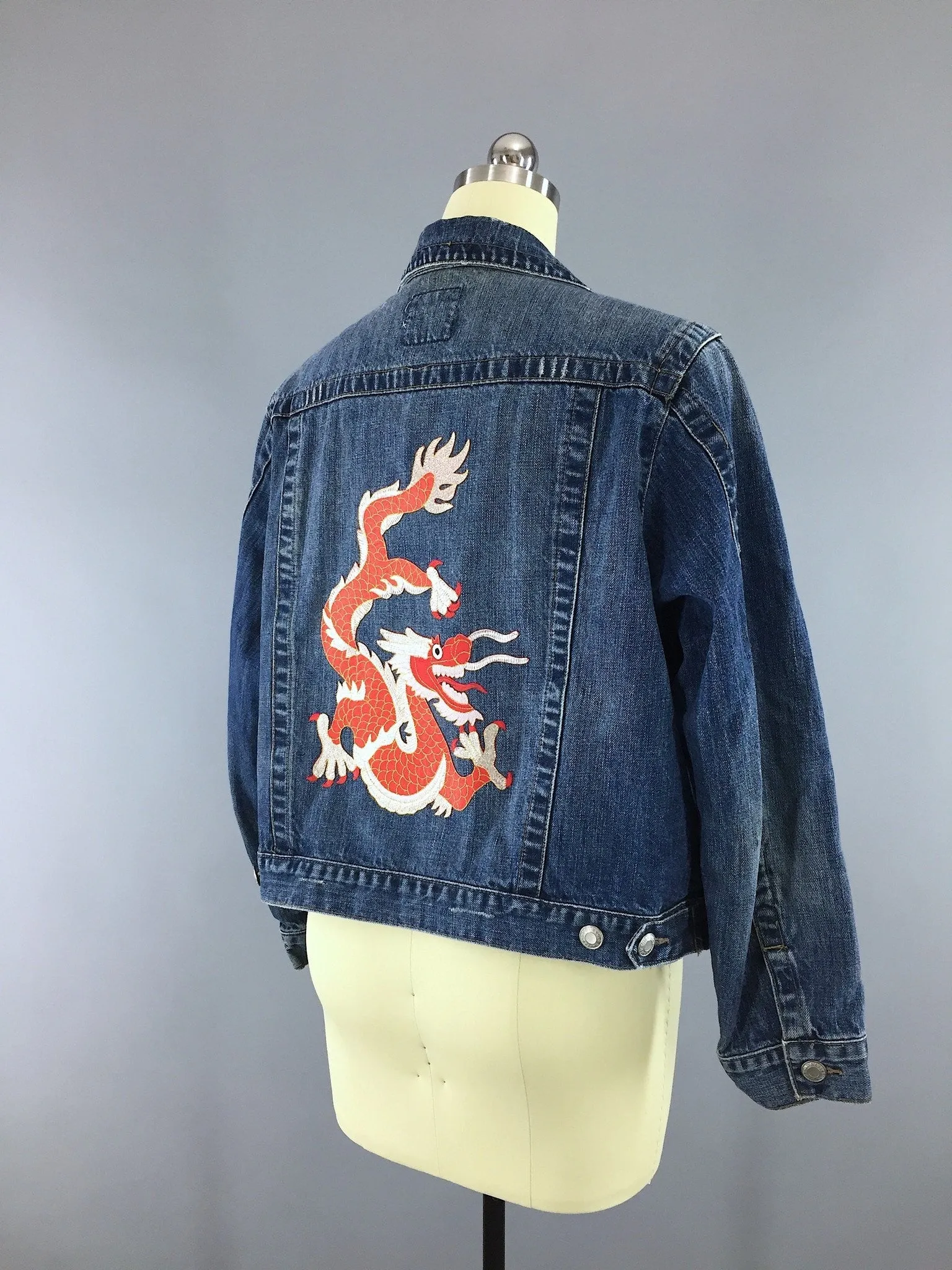 Denim Jean Jacket with Red Asian DRAGON Embroidery Appliqué