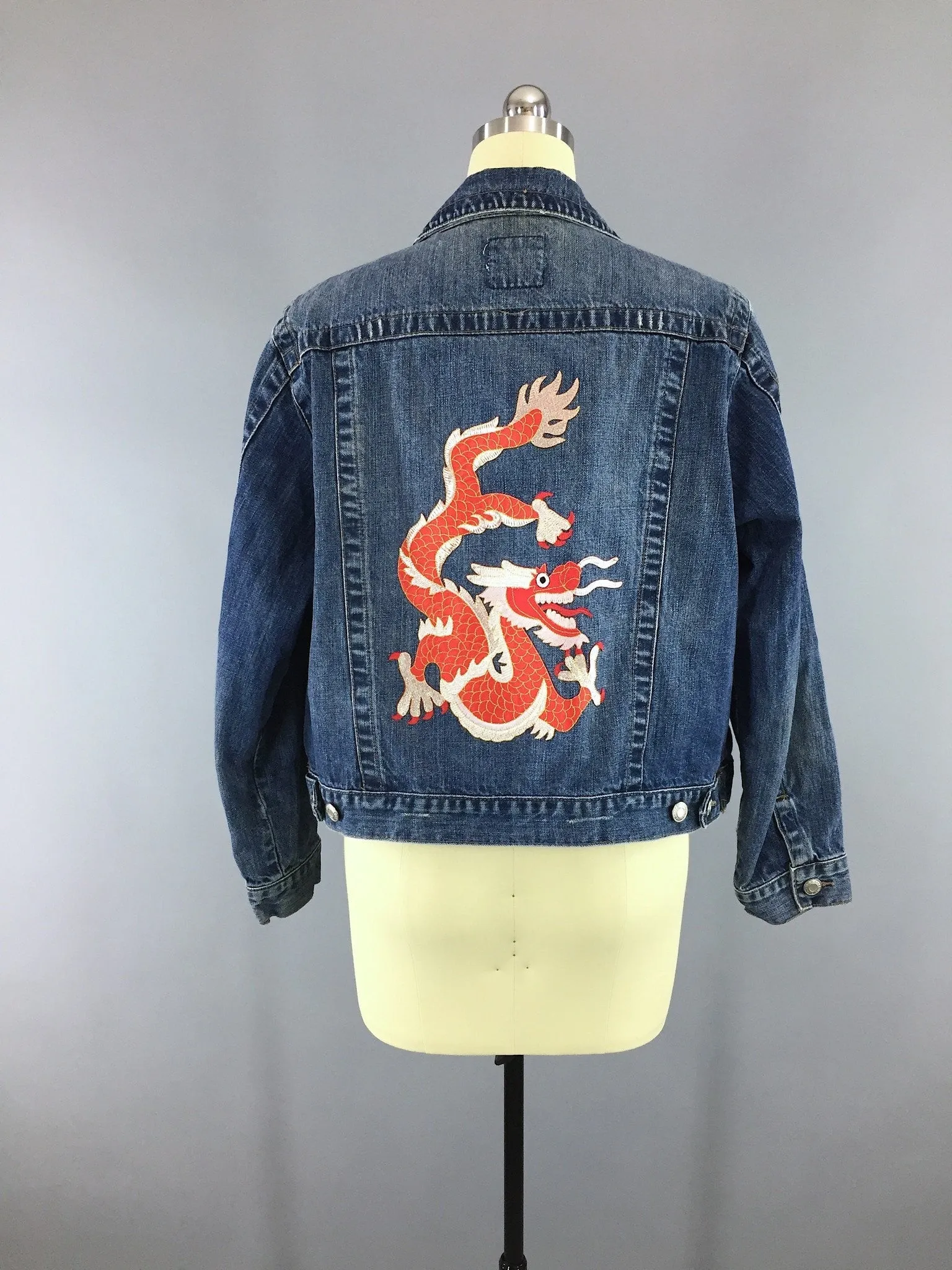 Denim Jean Jacket with Red Asian DRAGON Embroidery Appliqué