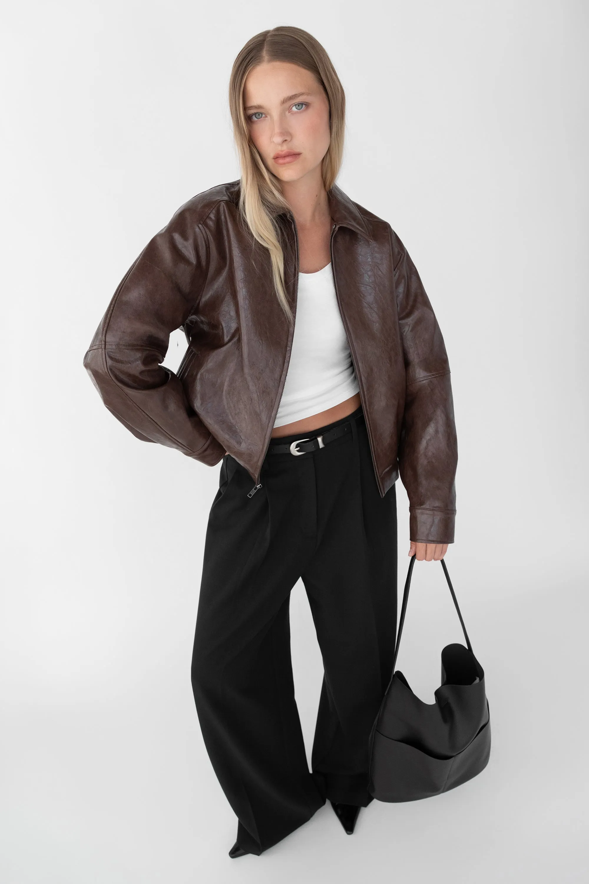 DISTRESSED VEGAN LEATHER BOMBER JACKET