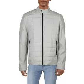 DKNY Mens Faux Leather Cold Weather Quilted Coat