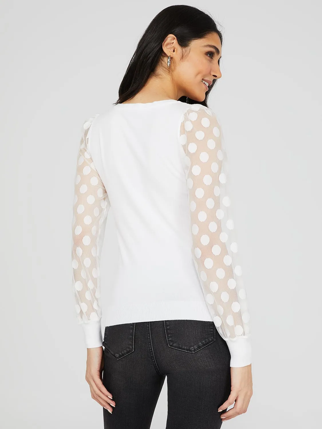 Dotted Mesh Sleeve V-Neck Sweater