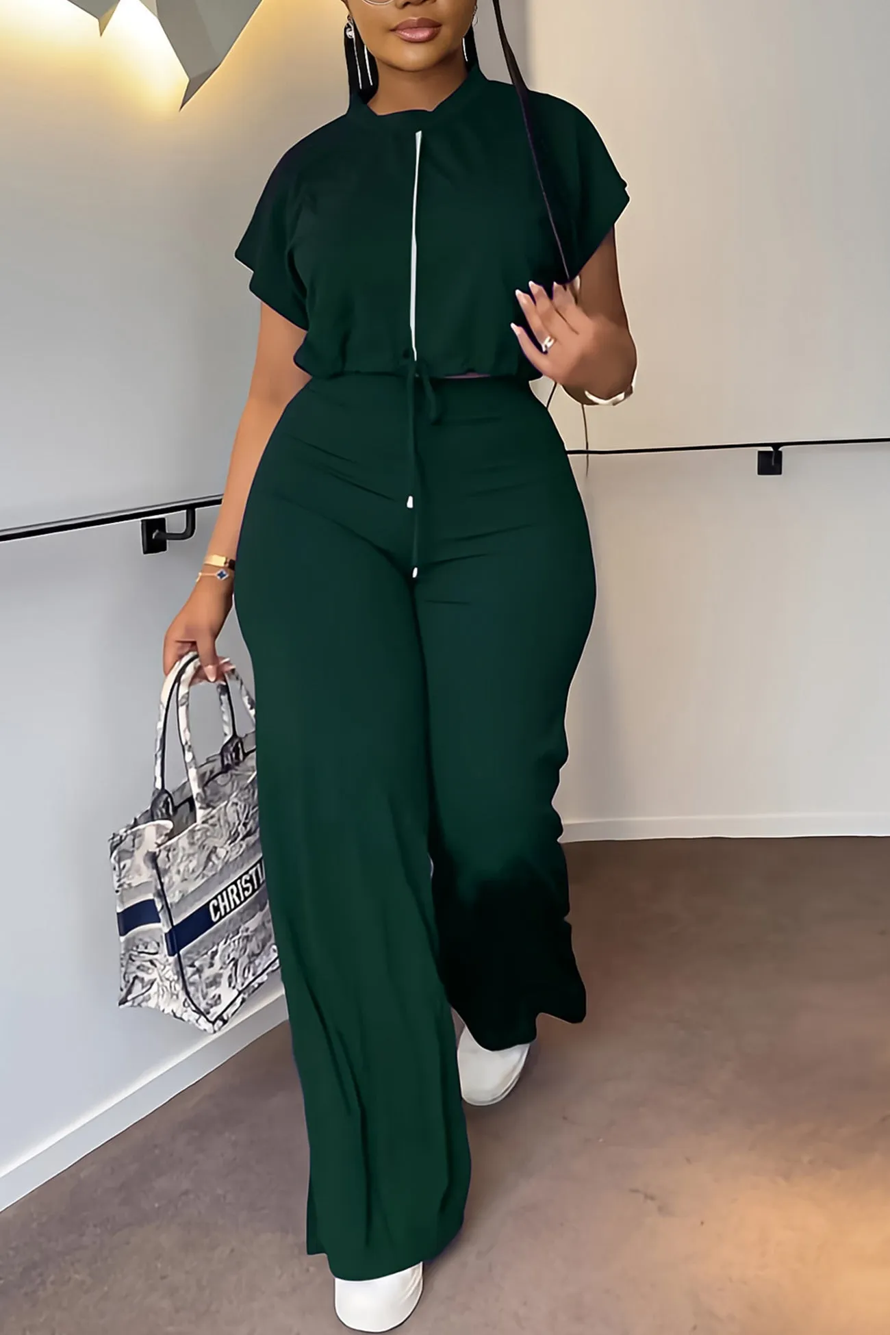 Drawstring Crop Top Long Pants Suits