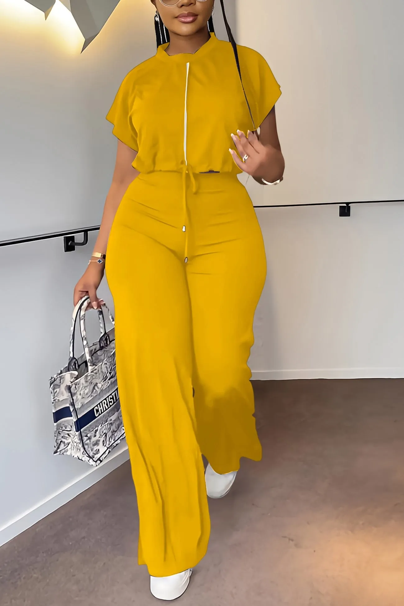 Drawstring Crop Top Long Pants Suits