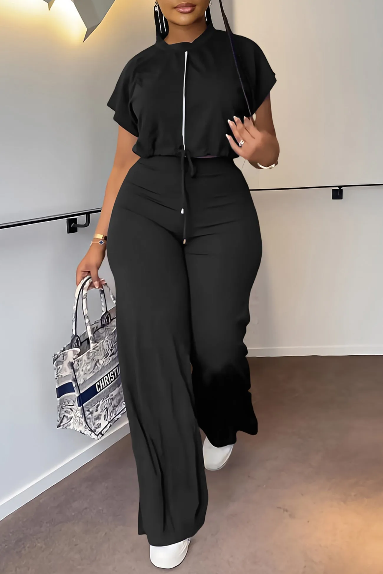 Drawstring Crop Top Long Pants Suits