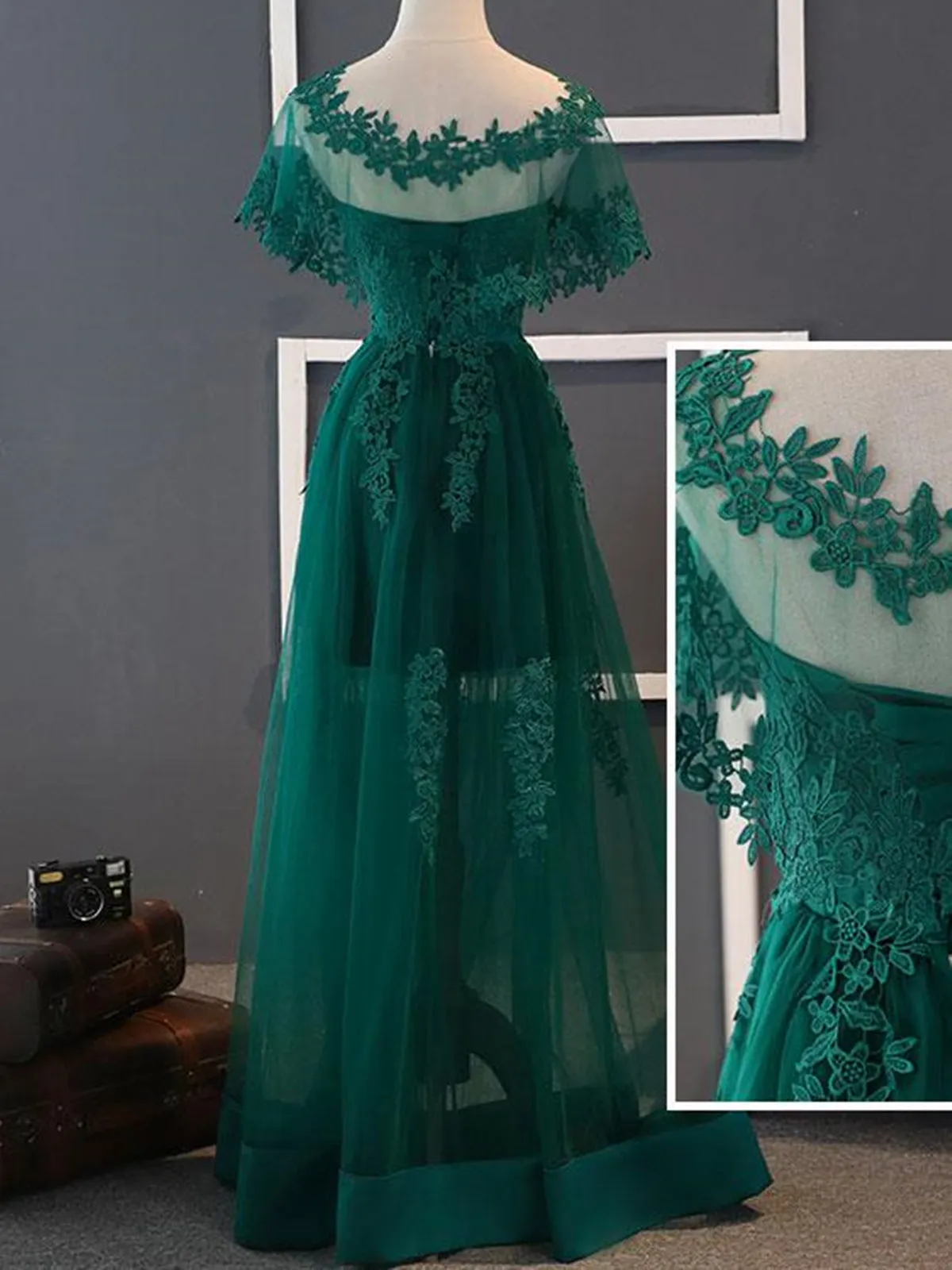 Elegant Green Lace Long Prom, Green Lace Formal, Green Evening