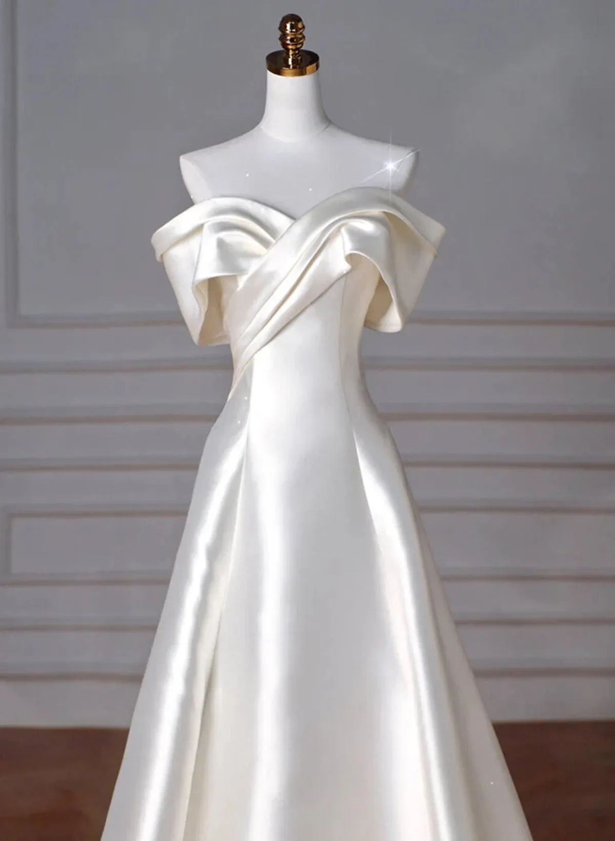 Elegant Ivory Satin Off Shoulder Party Dress, Ivory Long Prom Dress