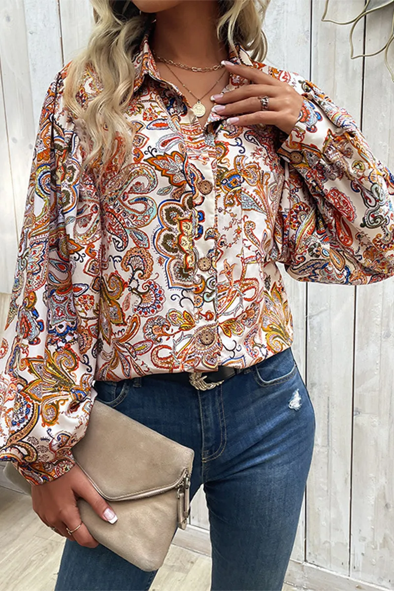 Elegant Print Buckle Turndown Collar Blouses