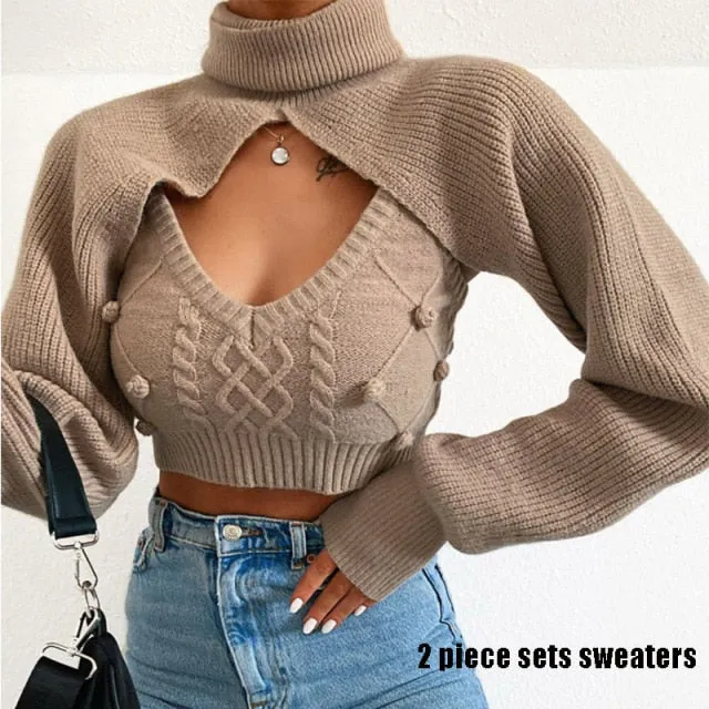 Estorenew Hairball 2 piece set women autumn winter turtleneck crop sweaters vest knit top Sexy backless knitted chic new jumper