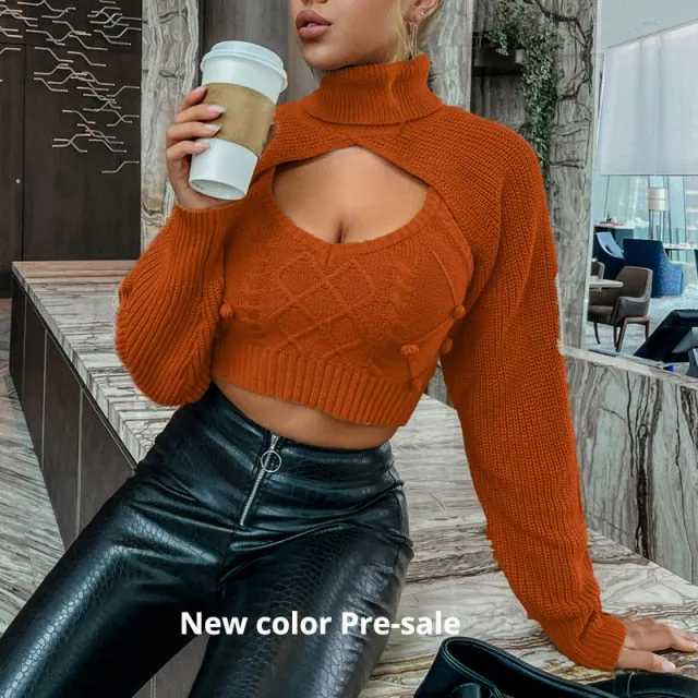 Estorenew Hairball 2 piece set women autumn winter turtleneck crop sweaters vest knit top Sexy backless knitted chic new jumper