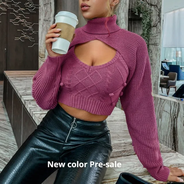 Estorenew Hairball 2 piece set women autumn winter turtleneck crop sweaters vest knit top Sexy backless knitted chic new jumper