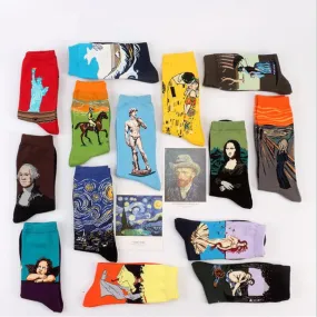 Fashion Art Cotton Crew Printed Socks Painting Character Pattern Women Men Harajuku Design Sox Calcetine Van Gogh Novelty Funny