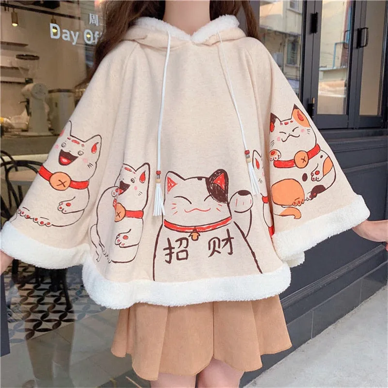 Fashionkova  Autumn And Winter Cute Cat Ears Harajuku Trend Plus Velvet Thickened Student Lolita Female Japanese Soft Girl Warm Cloak Shawl