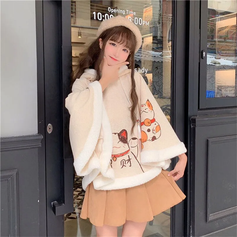 Fashionkova  Autumn And Winter Cute Cat Ears Harajuku Trend Plus Velvet Thickened Student Lolita Female Japanese Soft Girl Warm Cloak Shawl