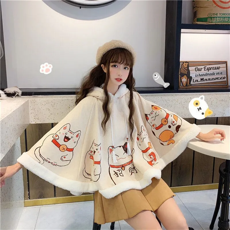 Fashionkova  Autumn And Winter Cute Cat Ears Harajuku Trend Plus Velvet Thickened Student Lolita Female Japanese Soft Girl Warm Cloak Shawl