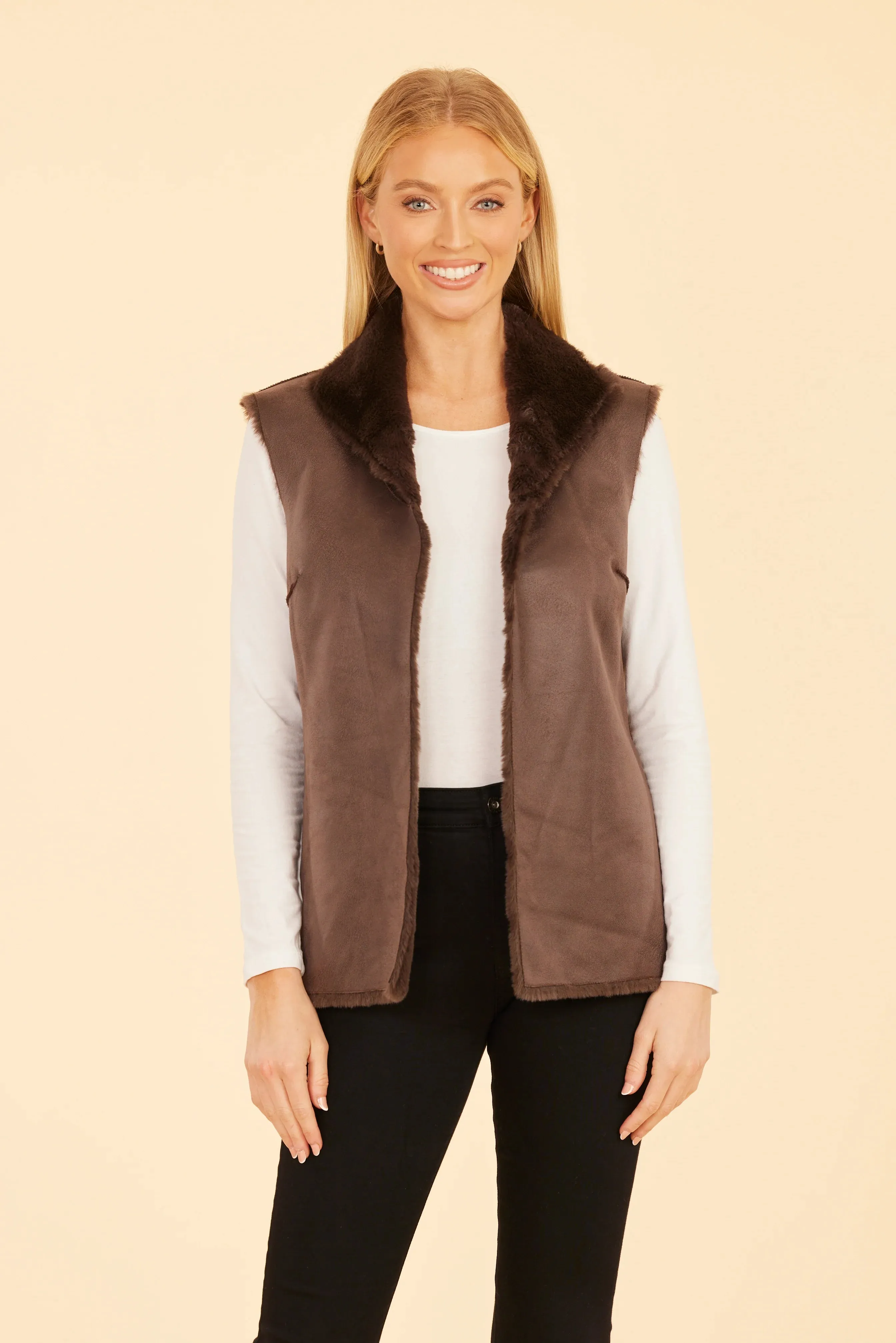 Faux Fur Reversible Vest- Brown