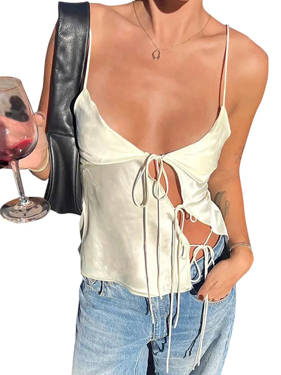 Female Satin Chic Tie Up Hollow Out Crop Top For Women Summer Spaghetti Strap Backless Slim Party Tank Tops Y2K Vest 20