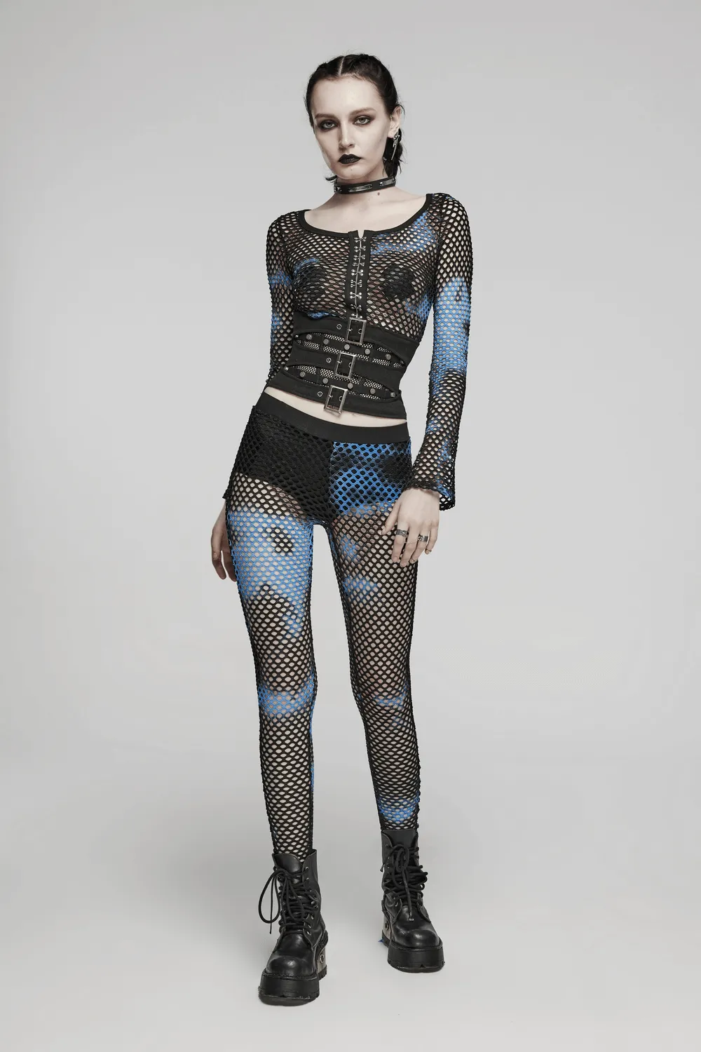 Female Stylish Black-Blue Fishnet Mesh Leggings