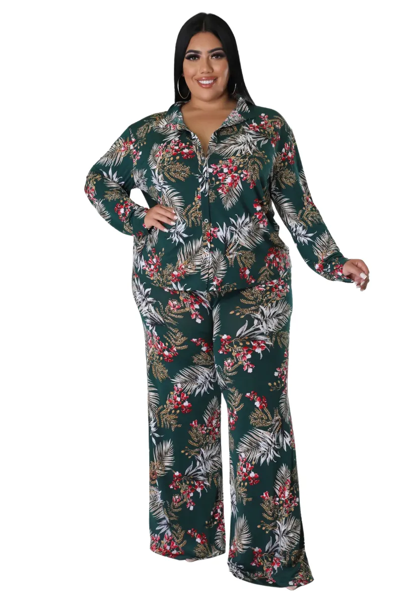 Final Sale Plus Size 2pc Long Sleeved Button Up Shirt and Pants Set in Forest Green & Cranberry