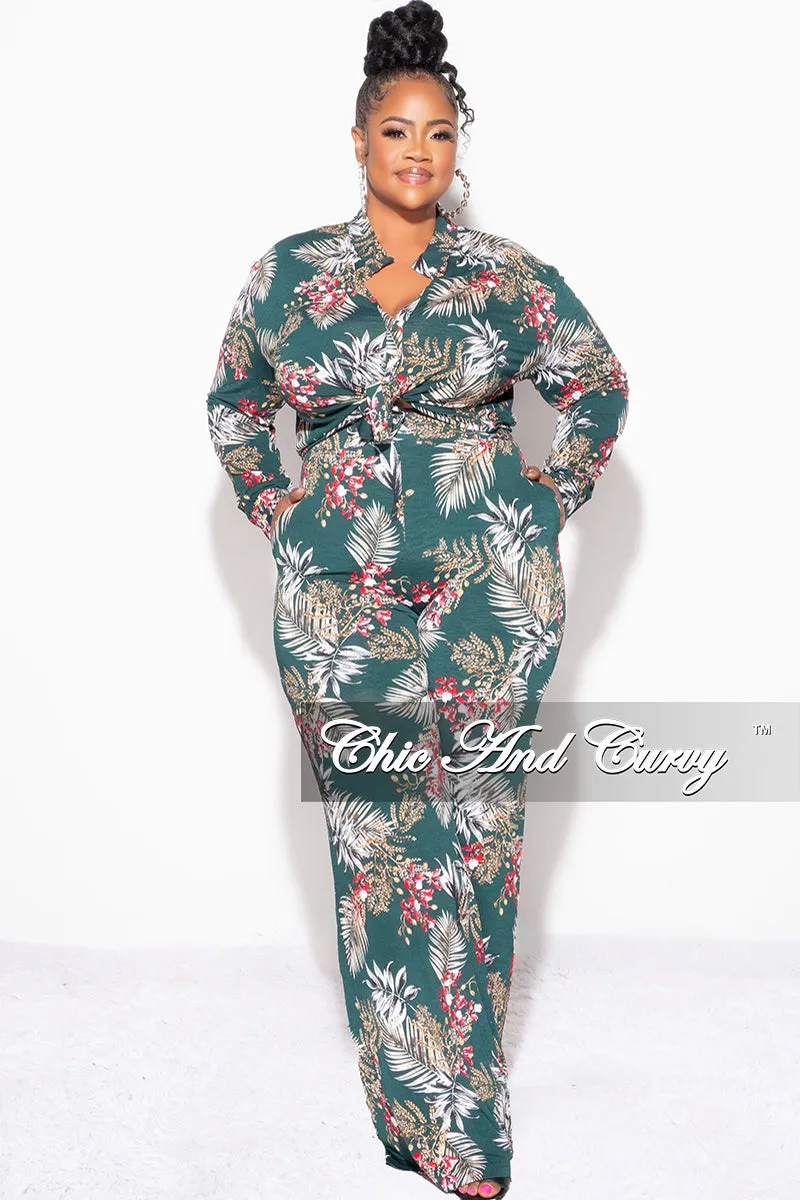 Final Sale Plus Size 2pc Long Sleeved Button Up Shirt and Pants Set in Forest Green & Cranberry