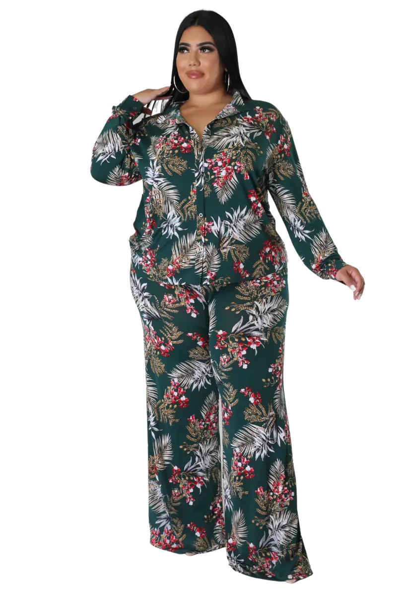 Final Sale Plus Size 2pc Long Sleeved Button Up Shirt and Pants Set in Forest Green & Cranberry