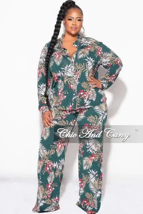 Final Sale Plus Size 2pc Long Sleeved Button Up Shirt and Pants Set in Forest Green & Cranberry