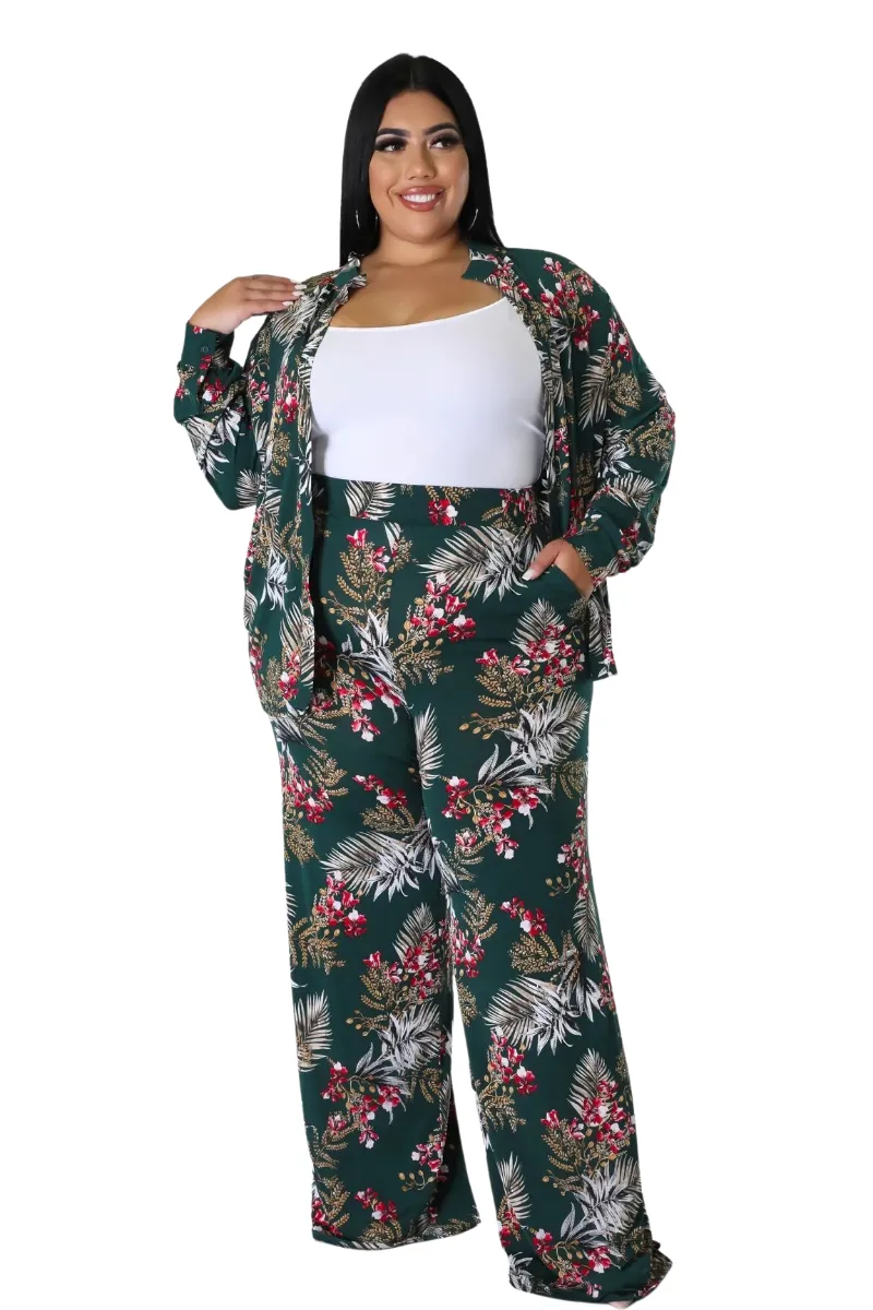 Final Sale Plus Size 2pc Long Sleeved Button Up Shirt and Pants Set in Forest Green & Cranberry