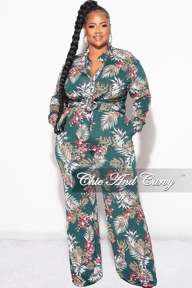 Final Sale Plus Size 2pc Long Sleeved Button Up Shirt and Pants Set in Forest Green & Cranberry