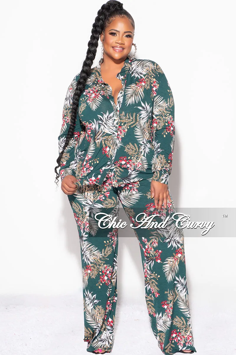 Final Sale Plus Size 2pc Long Sleeved Button Up Shirt and Pants Set in Forest Green & Cranberry