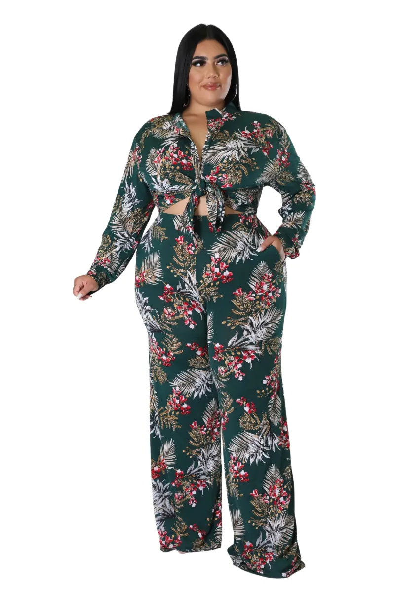 Final Sale Plus Size 2pc Long Sleeved Button Up Shirt and Pants Set in Forest Green & Cranberry