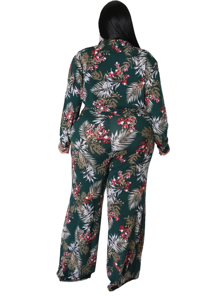 Final Sale Plus Size 2pc Long Sleeved Button Up Shirt and Pants Set in Forest Green & Cranberry