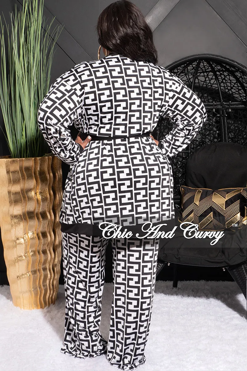 Final Sale Plus Size Flocked Plaid 3pc Triangle Top, Maxi Cardigan and Pants Set in Black and White Maze Print