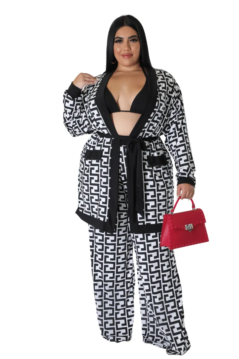 Final Sale Plus Size Flocked Plaid 3pc Triangle Top, Maxi Cardigan and Pants Set in Black and White Maze Print