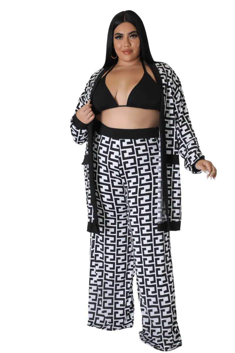 Final Sale Plus Size Flocked Plaid 3pc Triangle Top, Maxi Cardigan and Pants Set in Black and White Maze Print