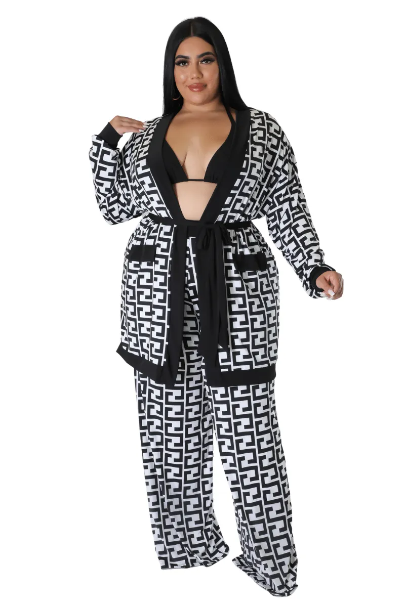 Final Sale Plus Size Flocked Plaid 3pc Triangle Top, Maxi Cardigan and Pants Set in Black and White Maze Print