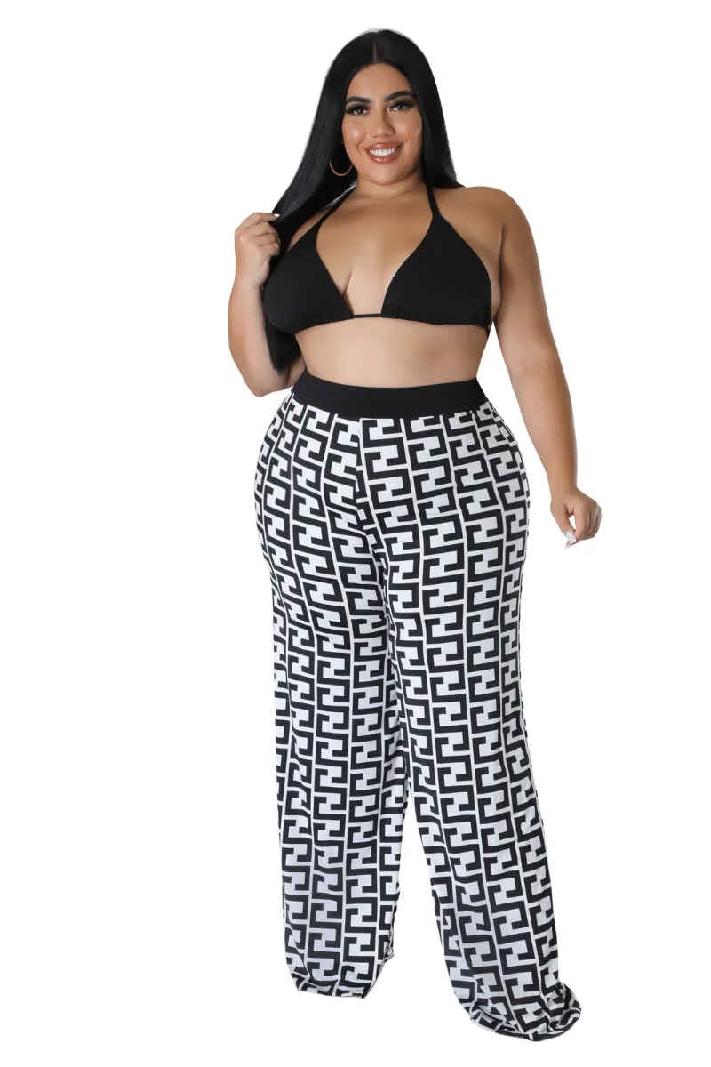 Final Sale Plus Size Flocked Plaid 3pc Triangle Top, Maxi Cardigan and Pants Set in Black and White Maze Print