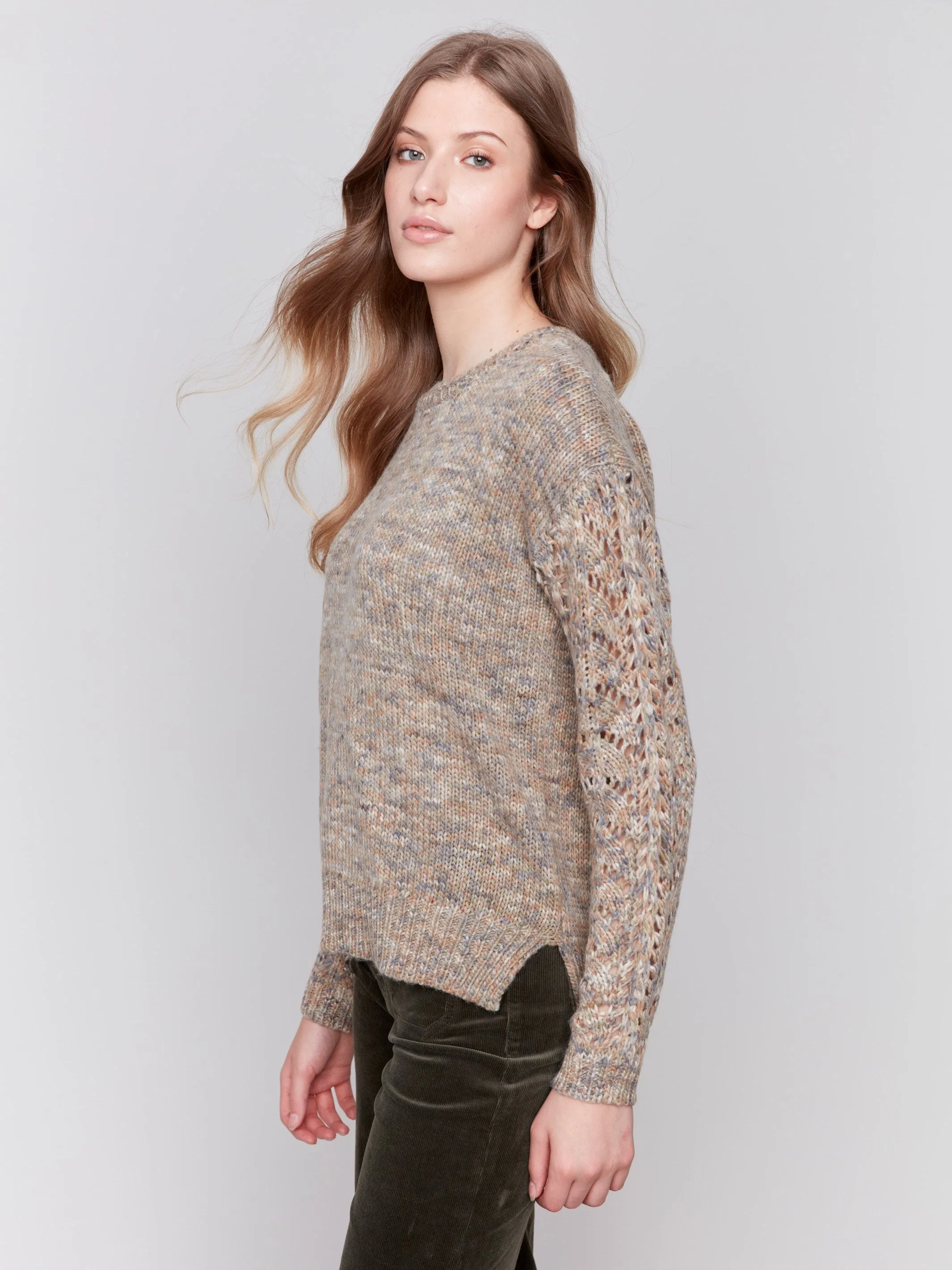 Fishnet Sleeve Crew Neck Sweater - Spruce