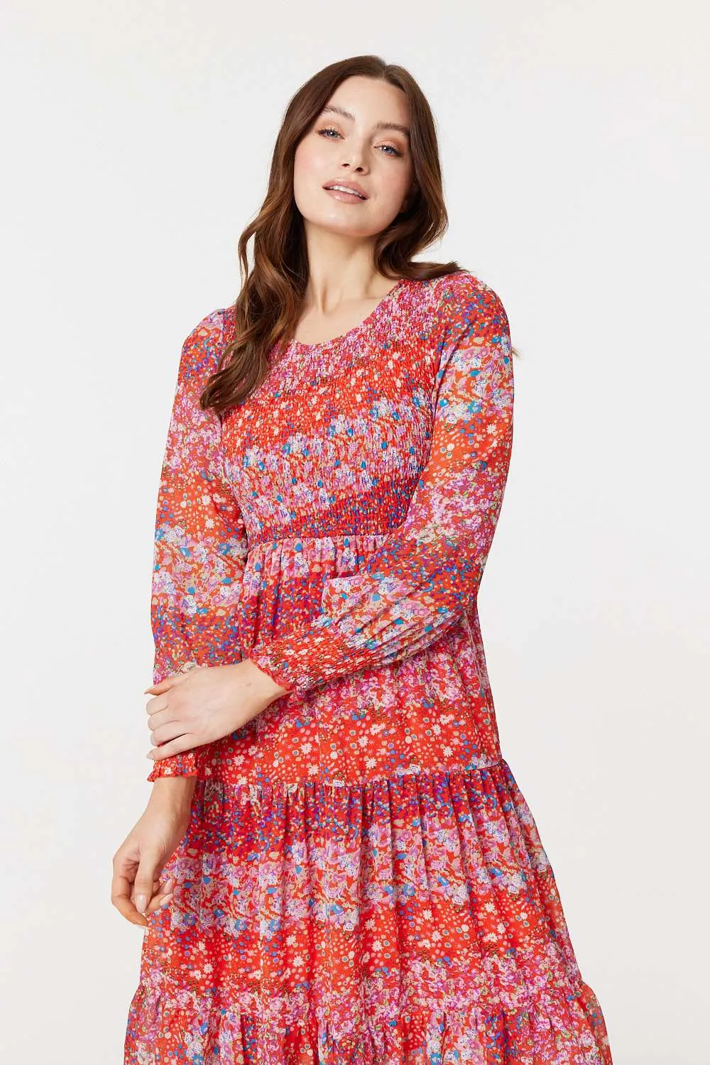 Floral Long Puff Sleeve Smock Dress