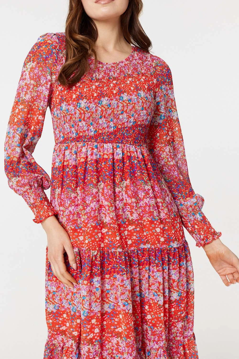 Floral Long Puff Sleeve Smock Dress