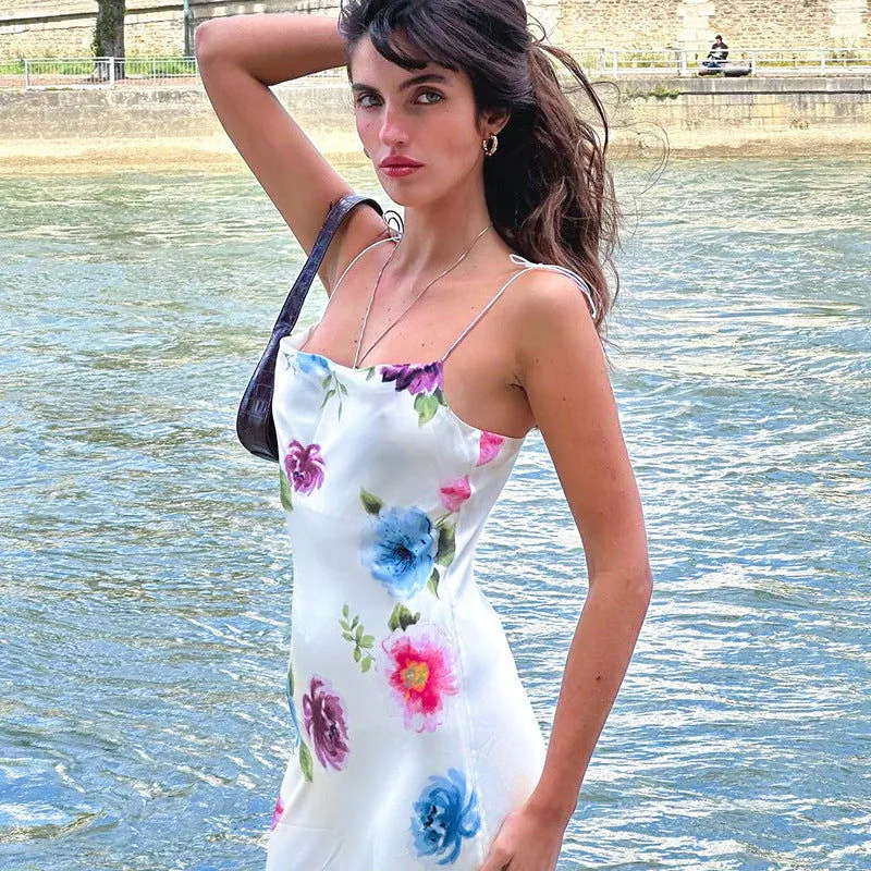 Floral Print Suspender Summer Satin French Slim Strap Dress