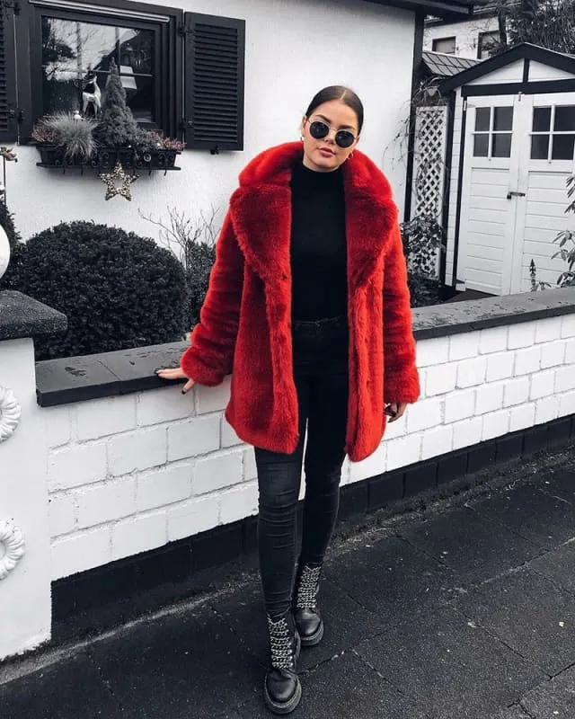 Fluffy Fur Plush Warm Coat in Wine Red for Cozy Chic Style