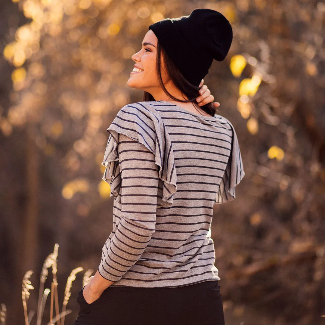 Flutter Long Sleeve Blouse, Grey/Black Stripe