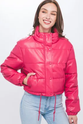 Fuchsia PU Faux Leather Puffer Jacket With Snap Closure