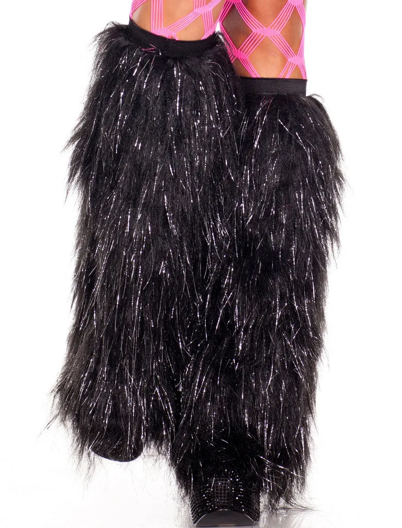 Furry Lurex Leg Warmers In Black