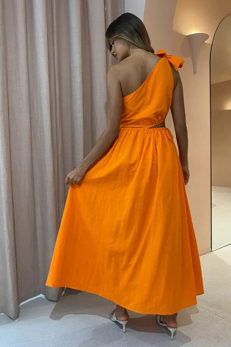 Gabriella One Shoulder Midi Dress in Sunkissed Orange