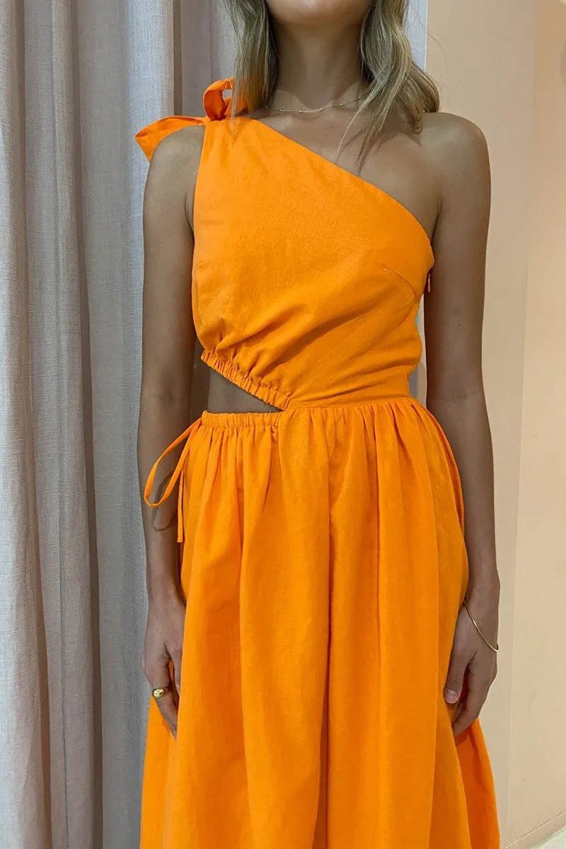 Gabriella One Shoulder Midi Dress in Sunkissed Orange