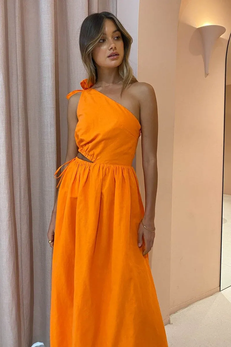 Gabriella One Shoulder Midi Dress in Sunkissed Orange