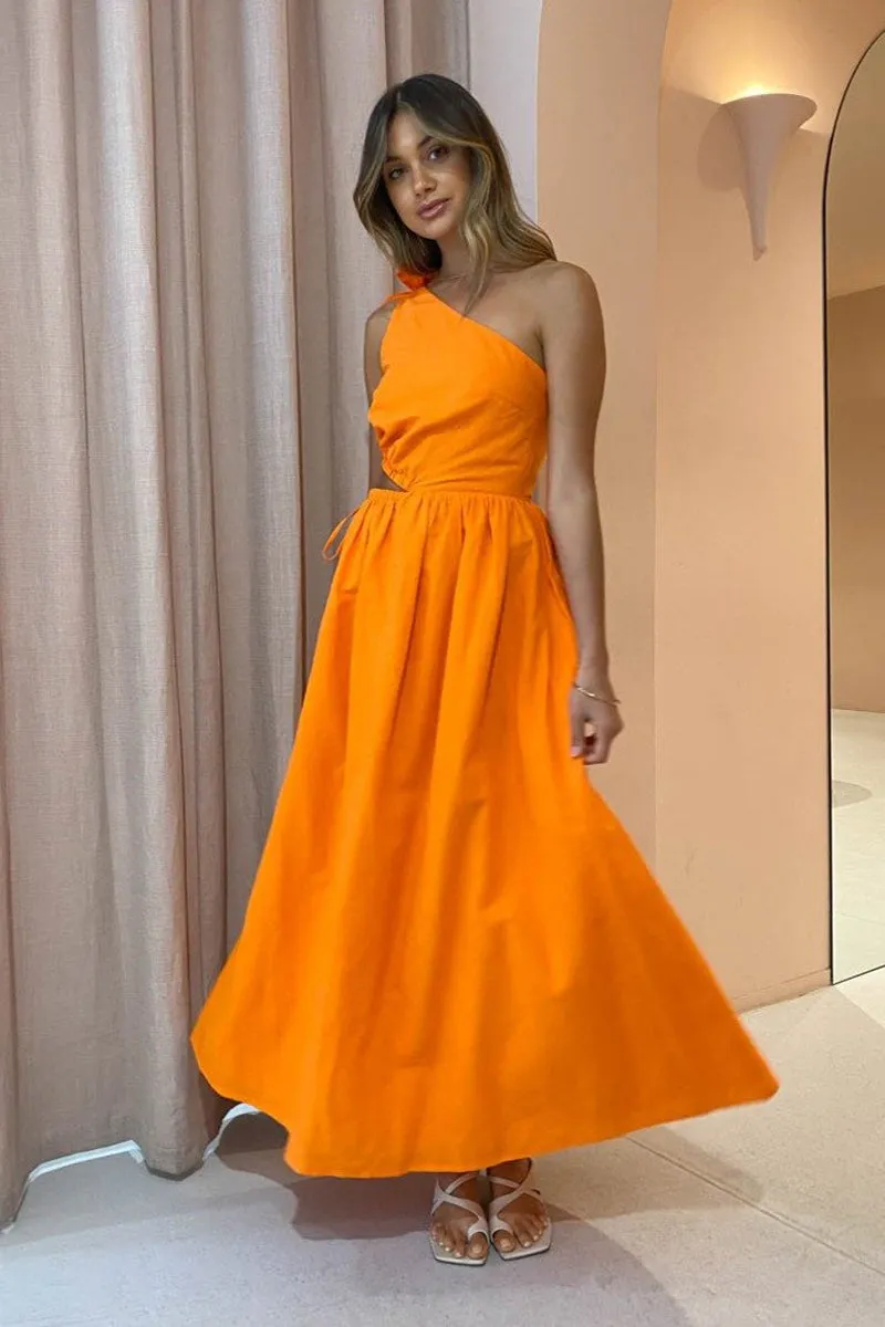 Gabriella One Shoulder Midi Dress in Sunkissed Orange